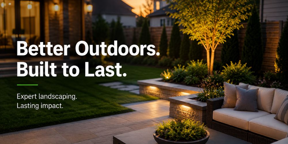 Luxury Chicagoland estate featuring professionally landscaped grounds with a manicured lawn, curved stone driveway, ornamental shrubs, mature trees, and elegant outdoor lighting during golden hour.