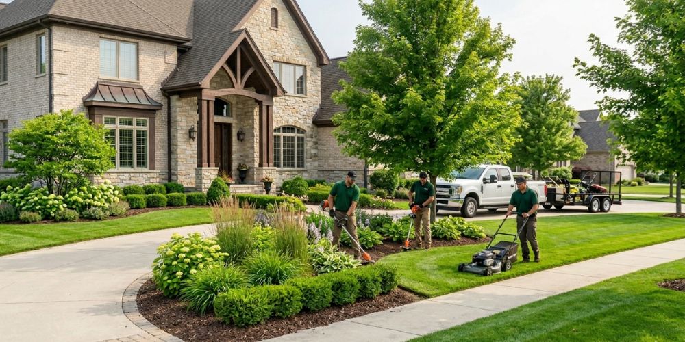 Professional landscaping crew maintaining a luxury residential property with manicured lawns, trimmed hedges, ornamental plants, and a large estate home in Chicagoland.