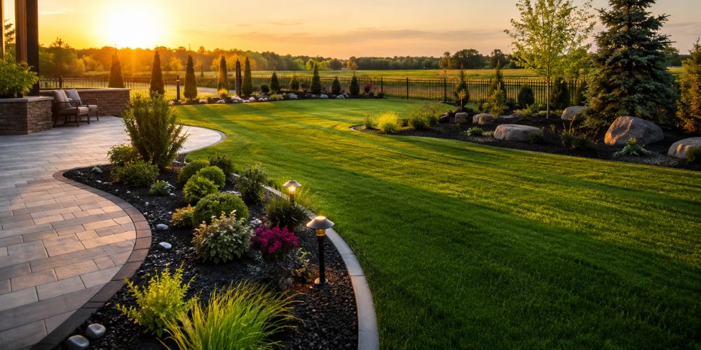 Modern residential landscape featuring a manicured green lawn, curved garden beds, decorative shrubs, stone patio, and outdoor lighting at sunset.