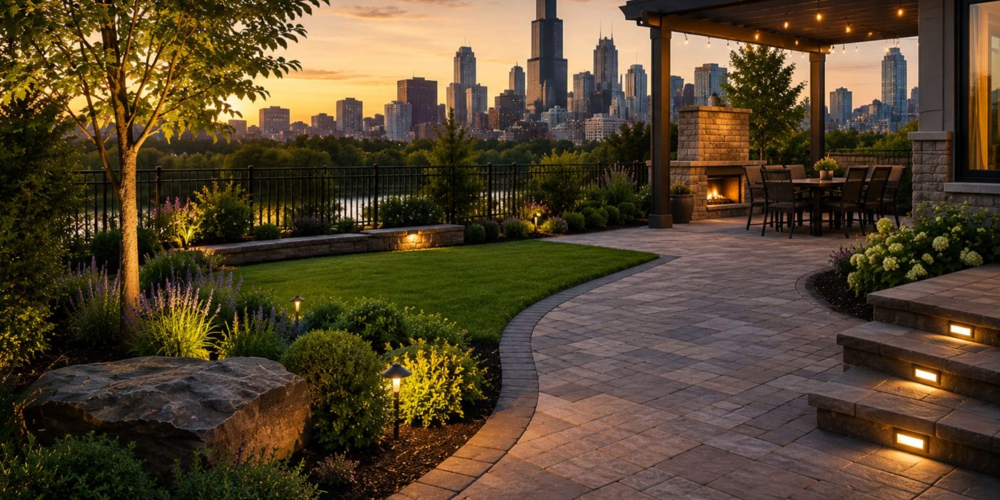Luxury landscaped backyard with paver patio, garden lighting, and Chicago skyline view.