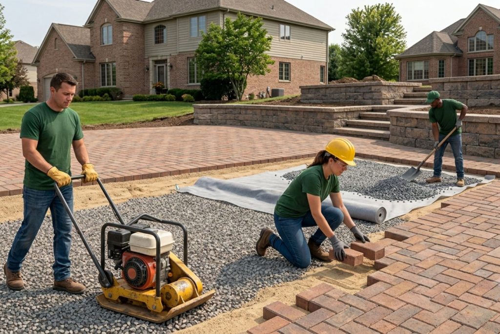 Professional landscaping crew installing a brick paver patio on a properly prepared, compacted aggregate base with geotextile fabric.