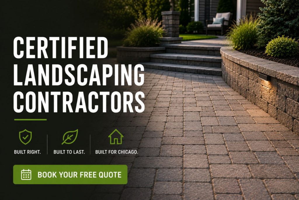 Certified landscaping contractors promoting professional brick paver patio and hardscape installation with a modern stone patio and retaining wall in a residential backyard.