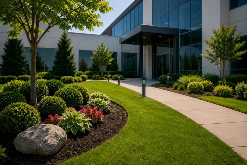 Modern corporate office building with vibrant, professionally maintained landscaping featuring lush green lawns, trimmed shrubs, colorful flower beds, and a curved walkway leading to the entrance on a bright sunny day.