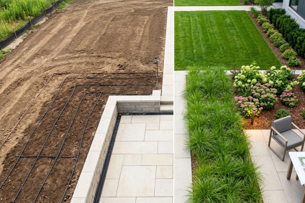 Split-screen view showing a landscaping project's progress: on the left, graded dirt and laid irrigation lines; on the right, the completed patio with a lush lawn, shrubs, and modern chairs.