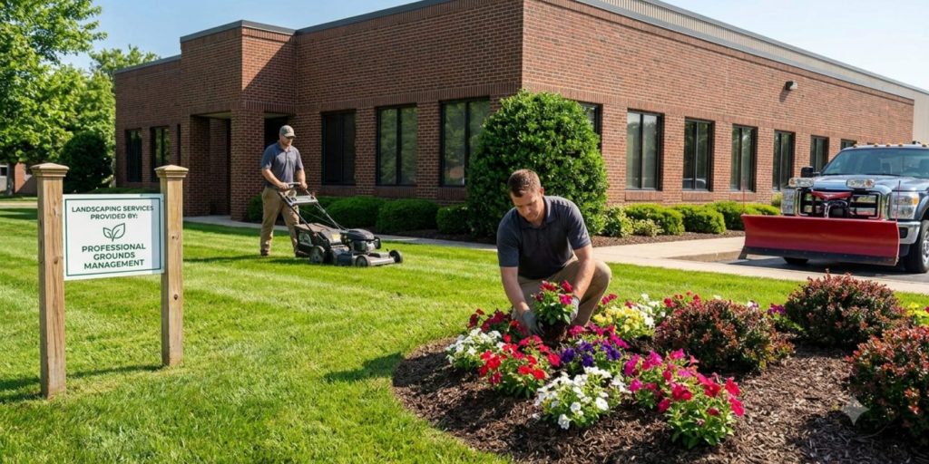 A commercial landscaping crew maintains the grounds of an office building with mowing, flower planting, and a snow plow truck on standby.