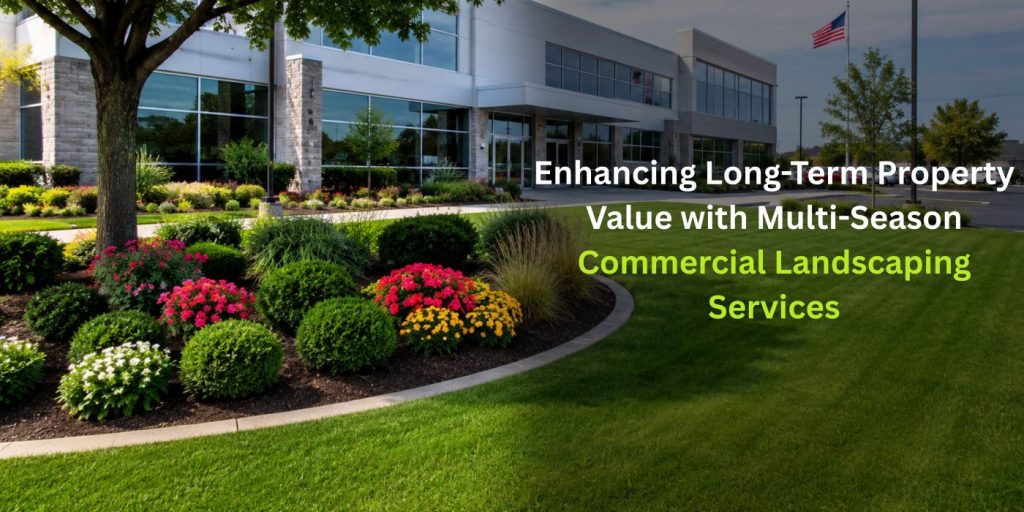 Modern commercial property with lush landscaping, colorful flower beds, manicured lawns, and year-round landscape maintenance.