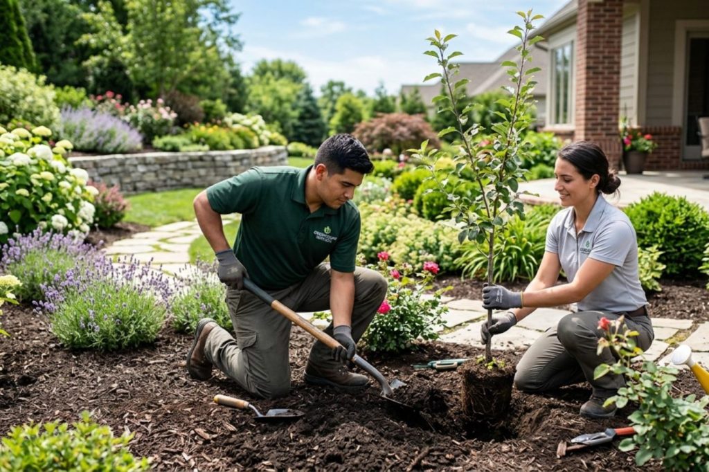 Two professional landscaping workers planting a young tree in a residential garden bed.