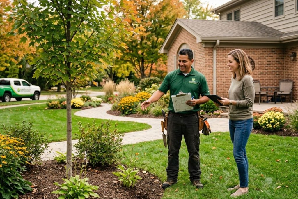 Professional landscaping contractor discussing fall landscaping plans with a homeowner in a landscaped Chicago suburban yard.