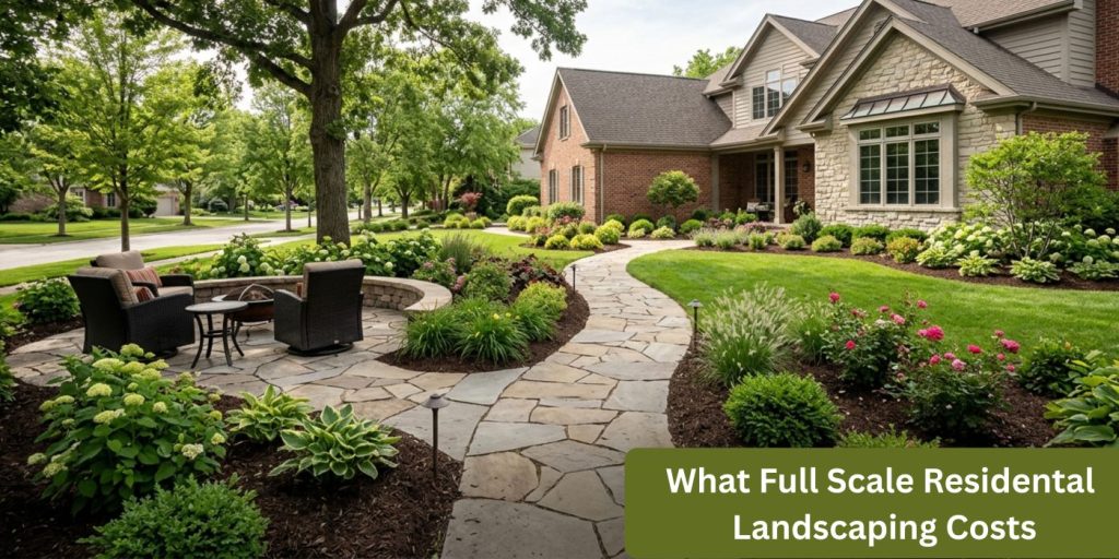 A suburban Illinois home featuring full-scale residential landscaping with a custom flagstone walkway, stone patio, fire pit, manicured lawn, and professional garden beds.