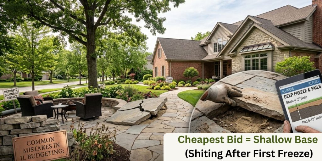Common Illinois landscaping budgeting mistakes showing patio paver damage caused by shallow base preparation and poor freeze-thaw drainage.